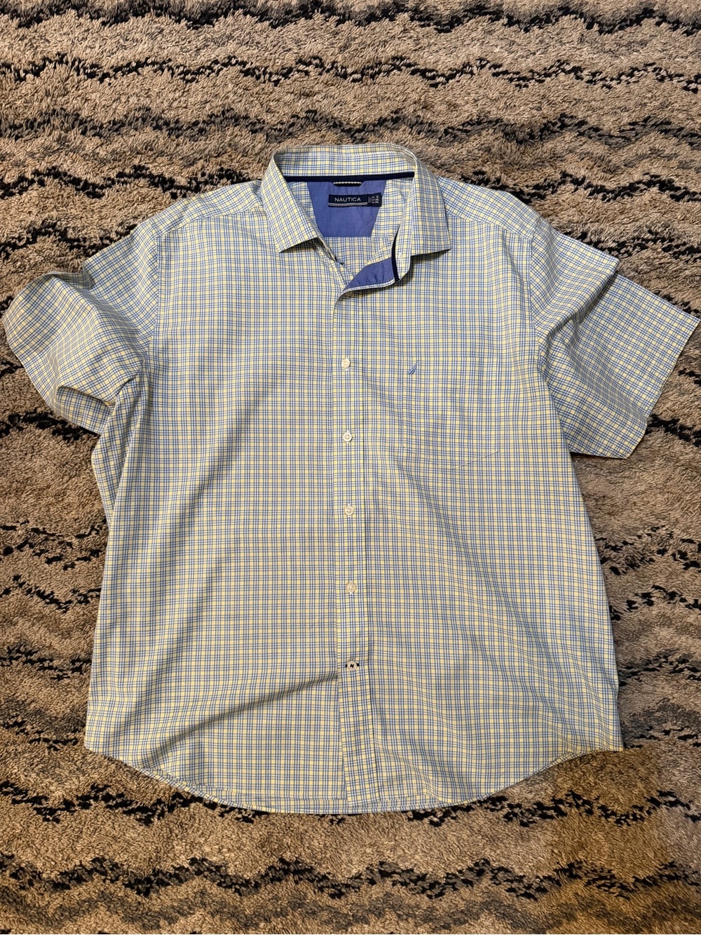 Nautica Light Blue and White Plaid Short-Sleeve Button-Down Shirt